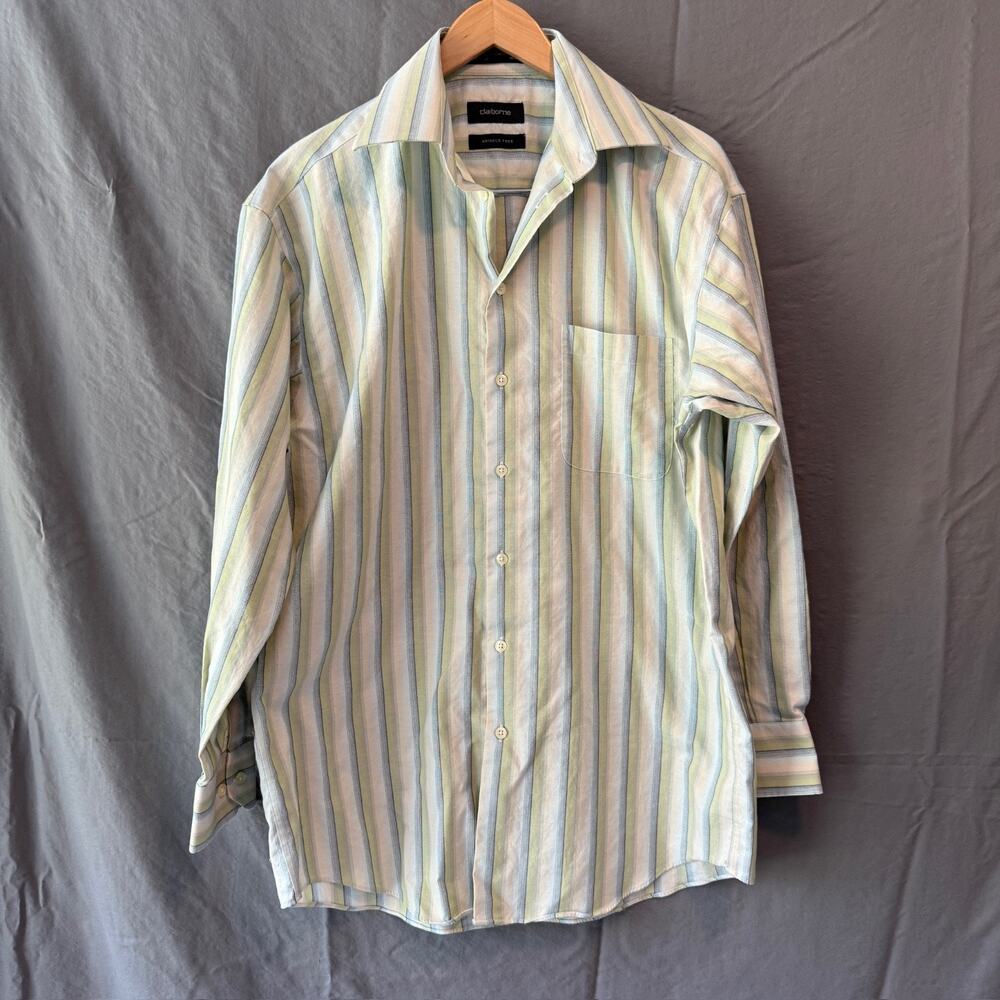 Claiborne Men’s Button Up Shirt Medium 15.5 Striped Green Blue Wrinkle Free